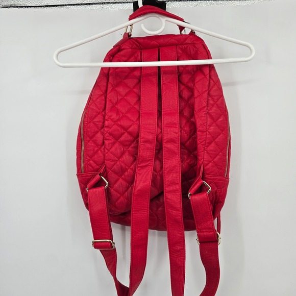 Red Quilted Faux Leather Mini Backpack Purse Drawstring Gold Tone Accents - Picture 2 of 12